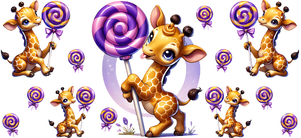 Adorable cartoon giraffes playfully hold colorful lollipops, creating a cheerful and whimsical scene perfect for children's themes.UV Transfers dtf prints