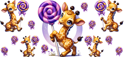 Adorable cartoon giraffes playfully hold colorful lollipops, creating a cheerful and whimsical scene perfect for children's themes.UV Transfers dtf prints