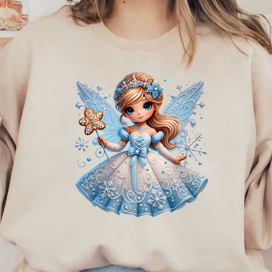 This enchanting fairy in a detailed blue and white dress, adorned with snowflakes, holds a gingerbread cookie and wands.DTF Transfers