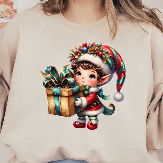 A cheerful elf in a festive outfit holds a beautifully wrapped gift, adorned with colorful ribbons and a holiday-themed hat.DTF Transfers dtf prints