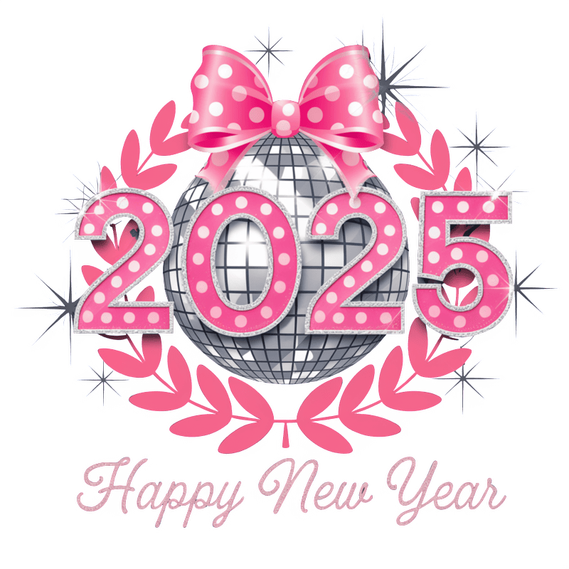 Celebrate the New Year in style with this festive 2025 design featuring a glittering disco ball and cheerful pink accents!DTF Transfers