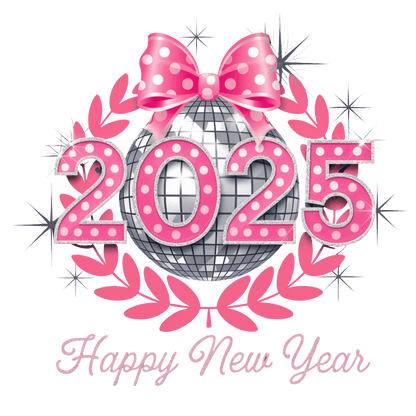 Celebrate the New Year in style with this festive 2025 design featuring a glittering disco ball and cheerful pink accents!DTF Transfers