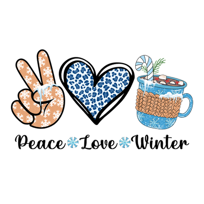 A playful winter-themed design featuring a peace sign, a leopard print heart, and a festive mug of hot cocoa. dtf transfers