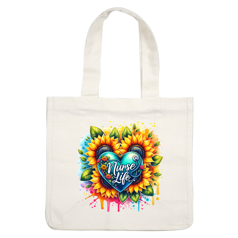 A vibrant and colorful design featuring a heart and sunflowers, celebrating the "Nurse Life" with floral accents and a stethoscope.DTF Transfers