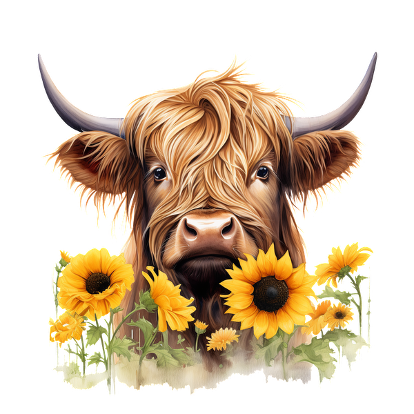 Una encantadora vaca de las Highlands con un pelaje largo y suelto rodeada de girasoles vibrantes, que captura una esencia alegre y rústica.