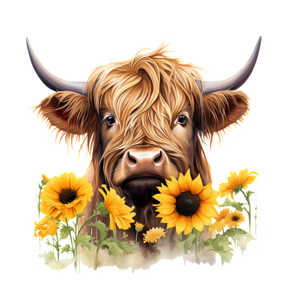 Una encantadora vaca de las Highlands con un pelaje largo y suelto rodeada de girasoles vibrantes, que captura una esencia alegre y rústica.