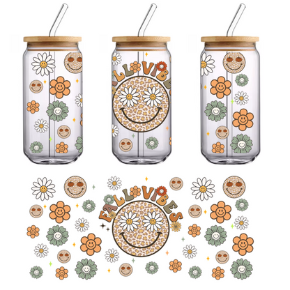 A cheerful fall-themed design featuring smiley faces, colorful flowers, and the text "Fall Vibes" in playful lettering.UV Transfersdtf regular iron