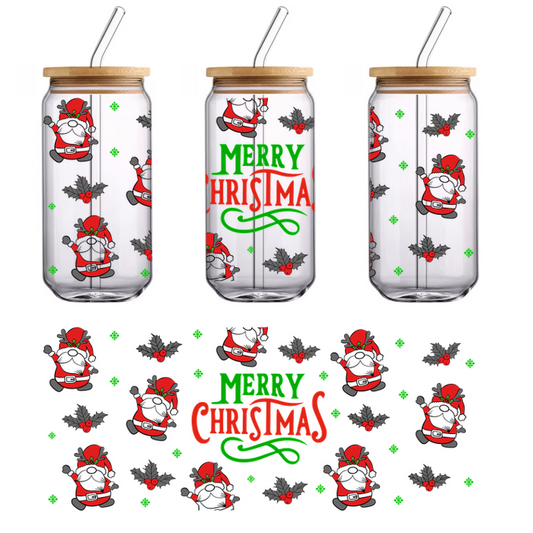 Festive Christmas pattern featuring cheerful Santa Claus illustrations and holly leaves, accented with a vibrant "Merry Christmas" message.UV Transfers dtf transfers