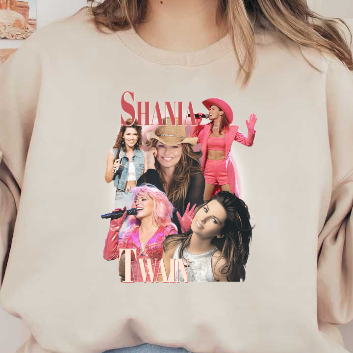 A vibrant collage of Shania Twain, showcasing her iconic looks and moments from her music career.DTF Transfers heat press transfers