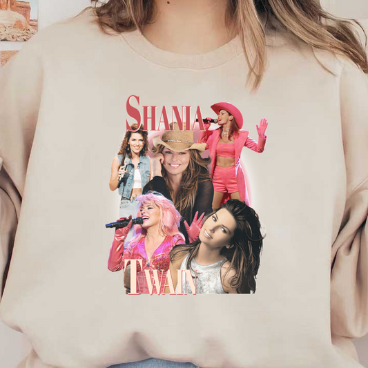 A vibrant collage of Shania Twain, showcasing her iconic looks and moments from her music career.DTF Transfers heat press transfers