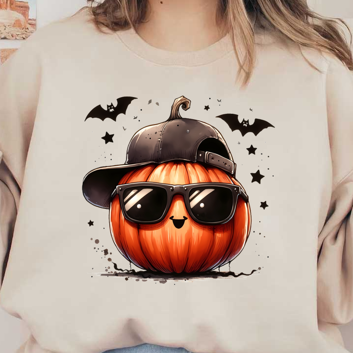 Meet this stylish pumpkin donning a black cap and cool sunglasses, exuding cheerful Halloween vibes with a playful smile! heat press transfers