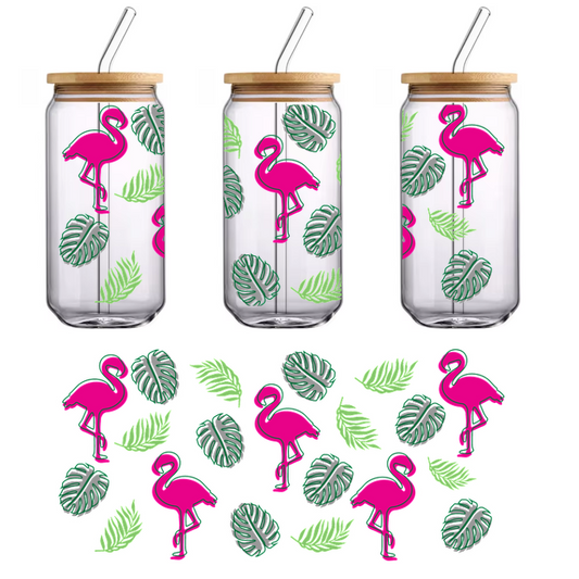 A vibrant pattern featuring pink flamingos and lush green leaves, perfect for adding a tropical flair to any design!UV Transfers dtf transfers