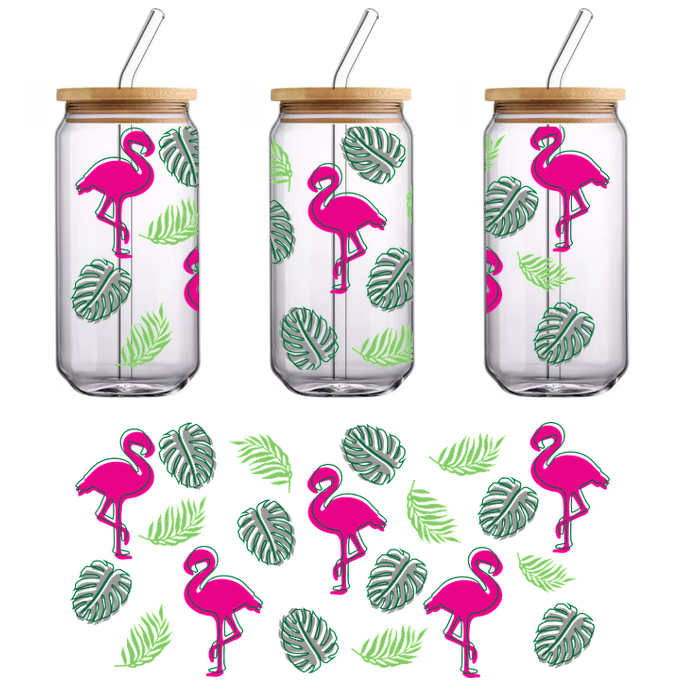 Un patrón tropical vibrante con flamencos rosados ​​y exuberantes hojas verdes, ¡perfecto para un ambiente alegre de verano! Transferencias UV