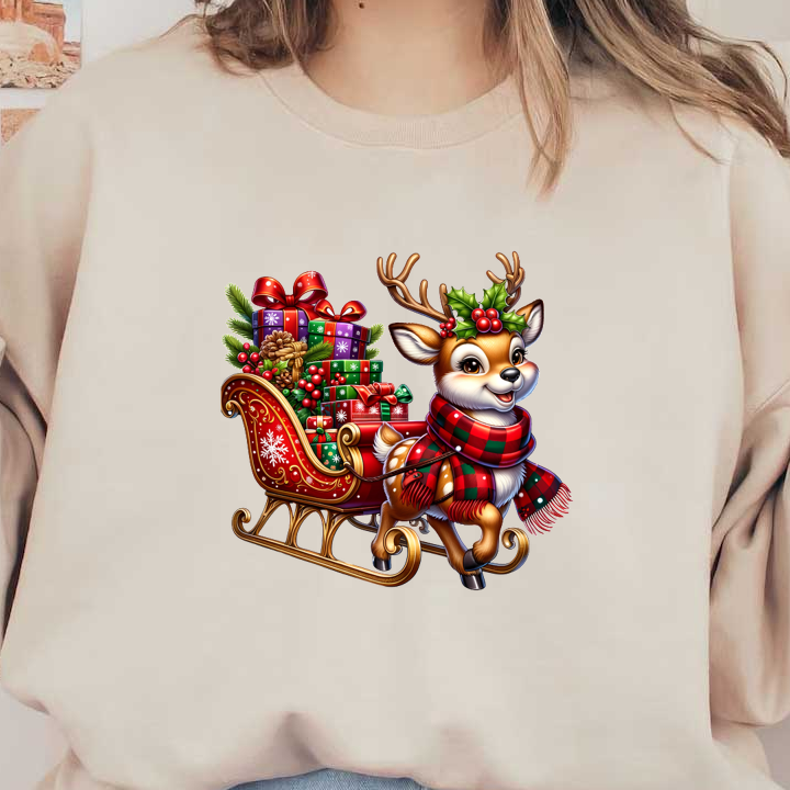 A cheerful reindeer pulls a festive sleigh loaded with colorful Christmas presents, adorned with holly and a cozy scarf. dtf transfers