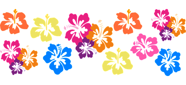 A vibrant array of hibiscus flowers in shades of pink, orange, yellow, blue, and purple, perfect for tropical designs.UV Transfers heat press transfers