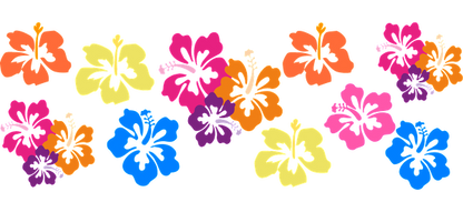 A vibrant array of hibiscus flowers in shades of pink, orange, yellow, blue, and purple, perfect for tropical designs.UV Transfers heat press transfers