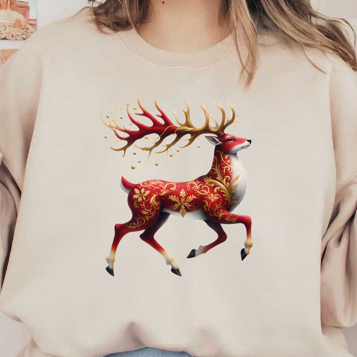 A beautifully decorated red deer with ornate golden patterns and impressive antlers, exuding a festive and whimsical charm. dtf transfers