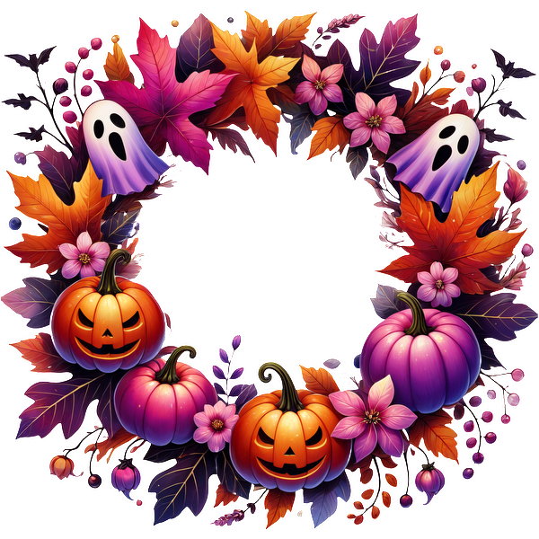 Una vibrante corona de Halloween con calabazas, motivos de fantasmas, hojas otoñales coloridas y flores divertidas para darle un toque festivo.