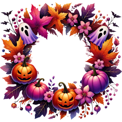 Una vibrante corona de Halloween con calabazas, motivos de fantasmas, hojas otoñales coloridas y flores divertidas para darle un toque festivo.