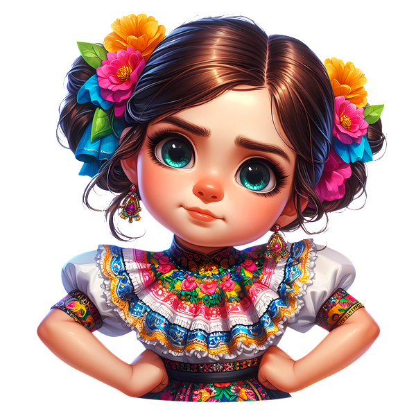 Una linda niña con un vestido mexicano tradicional y colorido adornado con flores, que muestra detalles vibrantes y una expresión divertida.