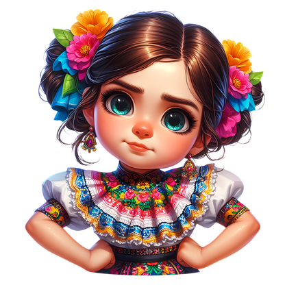 Una linda niña con un vestido mexicano tradicional y colorido adornado con flores, que muestra detalles vibrantes y una expresión divertida.