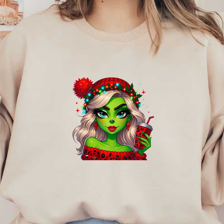 A vibrant, festive character with green skin, wearing a cozy red sweater and a holiday hat, holding a seasonal drink.DTF Transfers heat press transfers