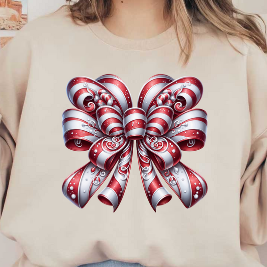 A vibrant, festive red and white bow, adorned with swirling patterns and decorative dots, perfect for holiday gifting. dtf transfers