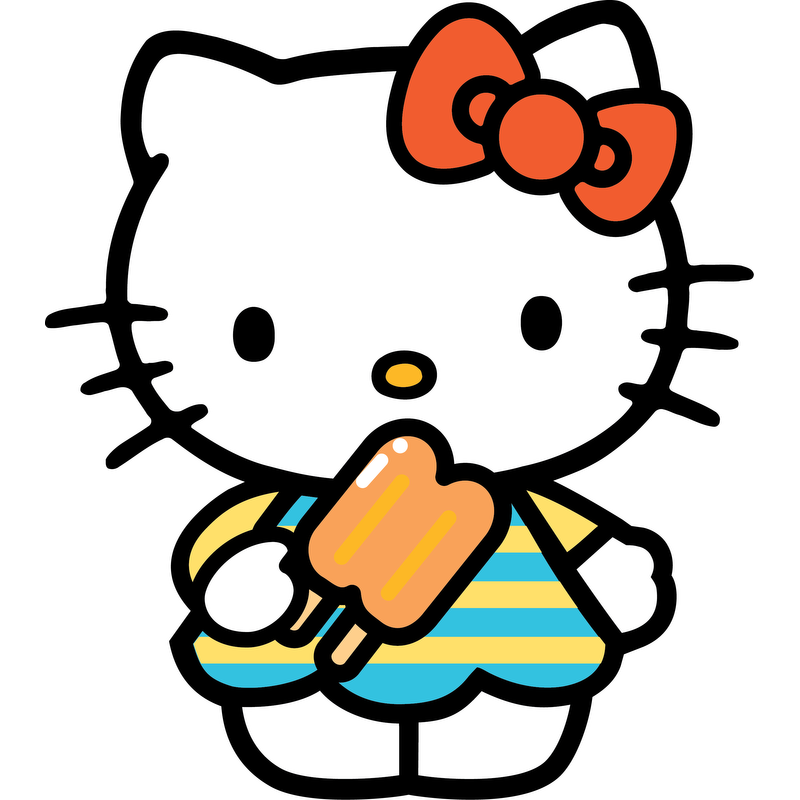 Hello Kitty is enjoying a popsicle, dressed in a cute striped dress with a cheerful bow on her head.DTF Transfers