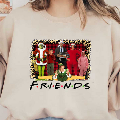 A festive holiday-themed graphic featuring characters in playful costumes, set against a vibrant plaid background with "FRIENDS" text.DTF Transfers heat press transfers dtf transfers