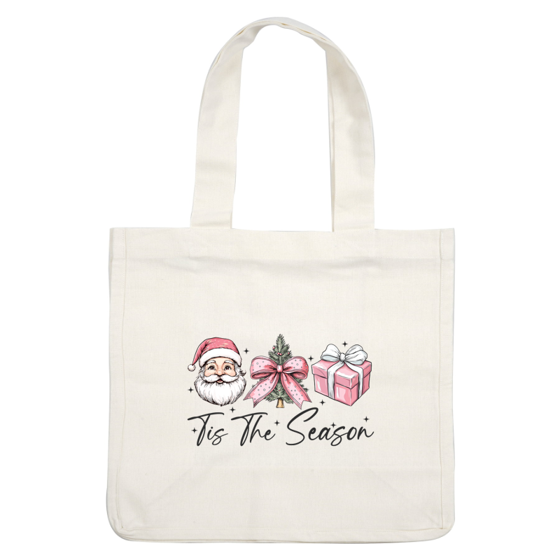 Celebrate the season with a festive design featuring Santa, a decorated Christmas tree, a gift, and cheerful lettering. heat press transfers