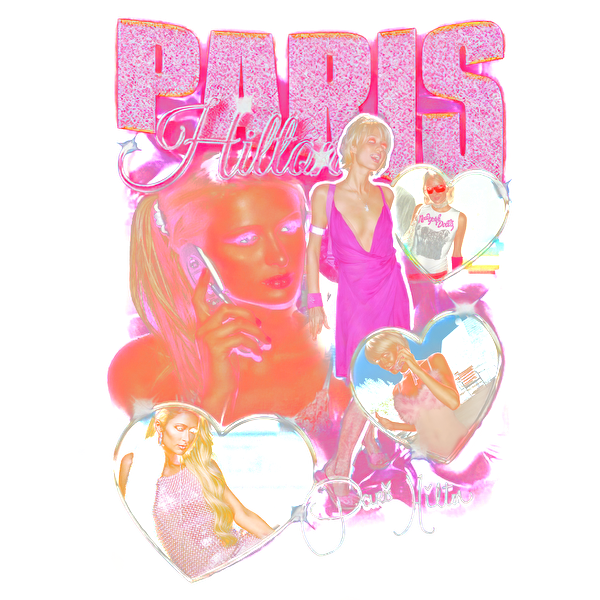 A vibrant graphic collage featuring Paris Hilton, showcasing her in various playful poses surrounded by colorful hearts and sparkly text.DTF Transfers heat press transfers