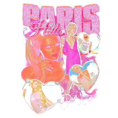 A vibrant graphic collage featuring Paris Hilton, showcasing her in various playful poses surrounded by colorful hearts and sparkly text.DTF Transfers heat press transfers