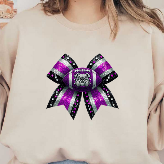 A vibrant, purple bow featuring a football and a bulldog design, adorned with sparkling jewels for a fun sports flair.DTF Transfersdtf regular iron