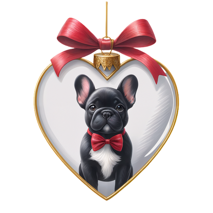 Un encantador adorno en forma de corazón que presenta un bulldog francés vestido con un moño y adornado con una cinta festiva.