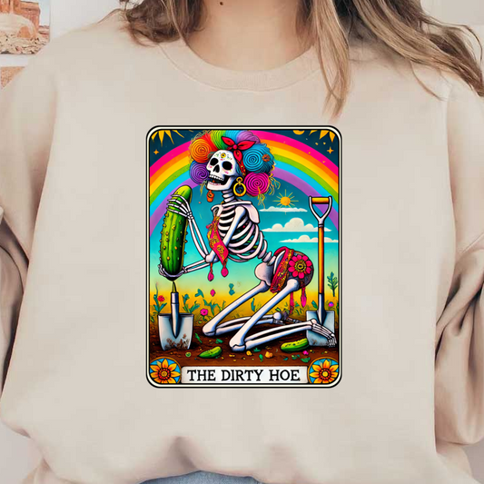 A vibrant, humorous artwork featuring a colorful skeleton gardener playfully holding a cucumber, set against a rainbow backdrop.dtf regular iron