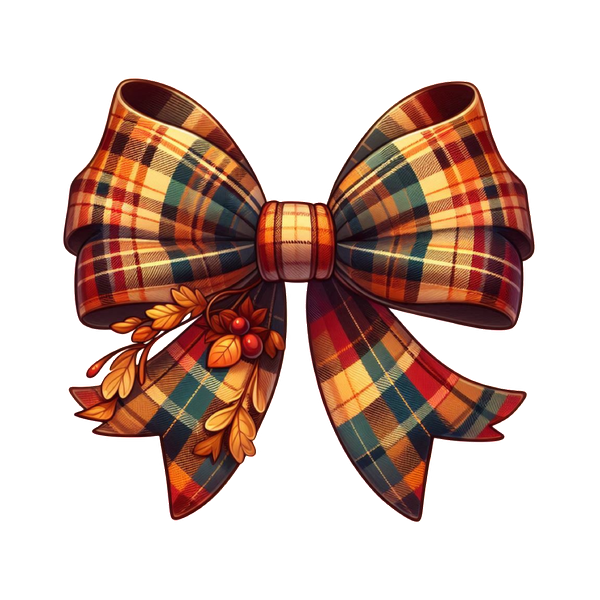 A festive, plaid bow adorned with autumn leaves and berries, perfect for seasonal decorations or gift wrapping. dtf prints