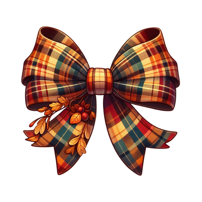 A festive, plaid bow adorned with autumn leaves and berries, perfect for seasonal decorations or gift wrapping. dtf prints