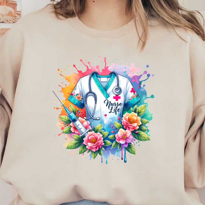 Celebrate the spirit of caregiving with this vibrant "Nurse Life" design featuring a floral-themed scrub top, stethoscope, and a syringe.DTF Transfers