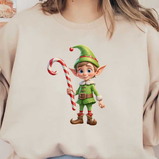 A cheerful cartoon elf in a green outfit holds a striped candy cane, ready to spread holiday joy!DTF Transfersdtf regular iron