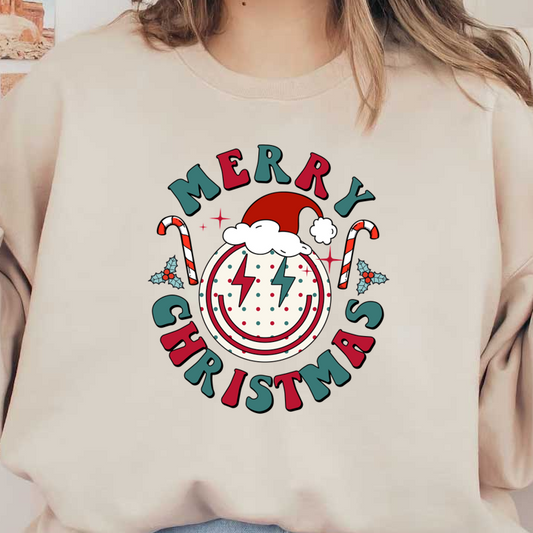 Cheerful "Merry Christmas" graphic featuring a smiling face with a Santa hat, candy canes, and festive colors.dtf regular iron