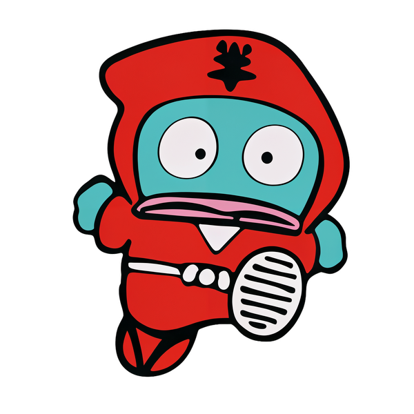 A vibrant cartoon character in a red ninja outfit, featuring a blue face and large expressive eyes, holding a microphone.DTF Transfers heat press transfers