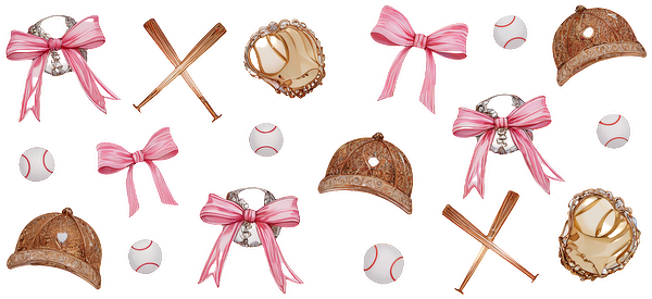 A playful collection of baseball-themed illustrations featuring hats, gloves, bats, and baseballs, all accented with pink bows.UV Transfers dtf transfers