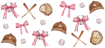 A playful collection of baseball-themed illustrations featuring hats, gloves, bats, and baseballs, all accented with pink bows.UV Transfers dtf transfers