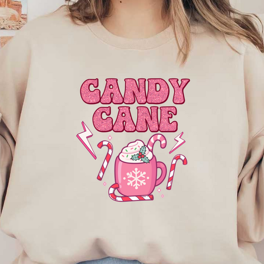 A festive design featuring a pink mug of candy cane hot chocolate, adorned with whipped cream and holly, surrounded by candy canes.dtf regular iron