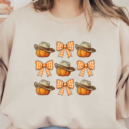 Una encantadora colección de calabazas y elegantes sombreros combinados con festivos lazos a cuadros naranjas, perfectos para la decoración de otoño.