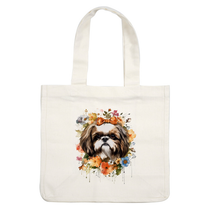 Una encantadora ilustración de un Shih Tzu adornado con un lazo naranja, rodeado de flores vibrantes y coloridas.