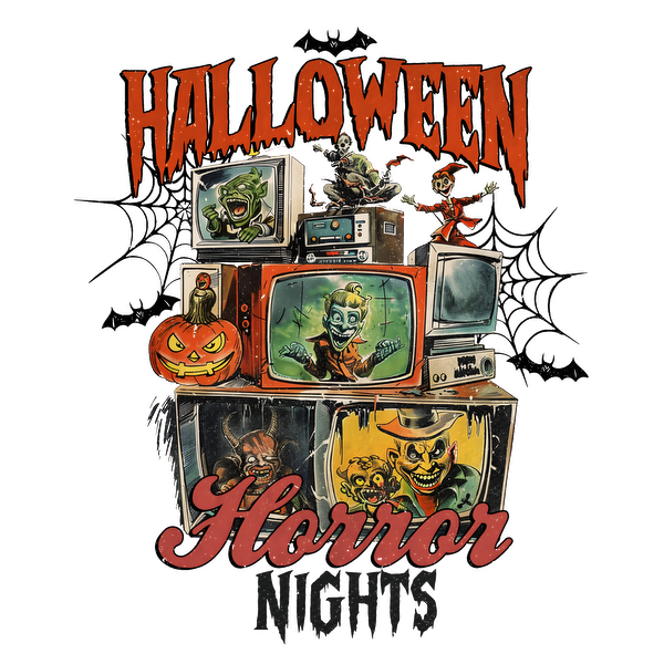 Celebrate Halloween with this spooky design featuring vintage televisions displaying eerie characters and a vibrant pumpkin centerpiece! dtf prints