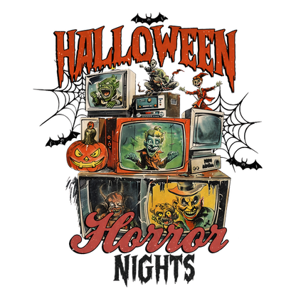 Celebrate Halloween with this spooky design featuring vintage televisions displaying eerie characters and a vibrant pumpkin centerpiece! dtf prints