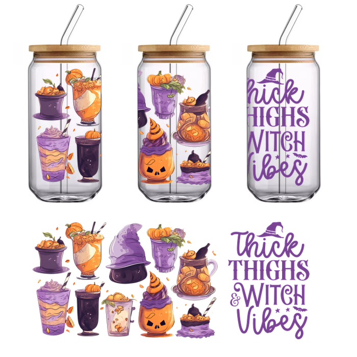 A whimsical Halloween-themed illustration featuring various colorful drinks and desserts, complemented by the phrase "Thick Thighs & Witch Vibes."UV Transfers dtf transfers