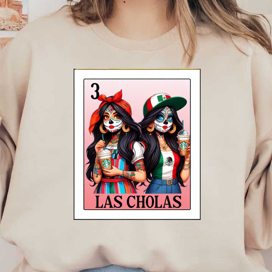 Vibrant illustration of two stylish women with Día de los Muertos makeup, enjoying Starbucks drinks, celebrating culture with flair.